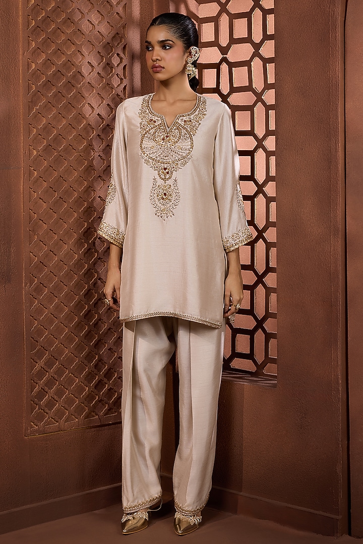 Ivory Silk Zardosi Embroidered Kurta Set by Aneesh Agarwaal PRET at Pernia's Pop Up Shop