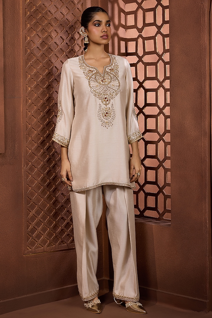 Ivory Silk Zardosi Embroidered Kurta Set by Aneesh Agarwaal PRET at Pernia's Pop Up Shop
