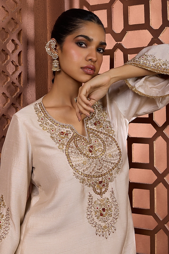 Ivory Silk Zardosi Embroidered Kurta Set by Aneesh Agarwaal PRET at Pernia's Pop Up Shop