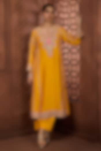 Mustard Silk Floral Embroidered Kurta Set by Aneesh Agarwaal PRET at Pernia's Pop Up Shop