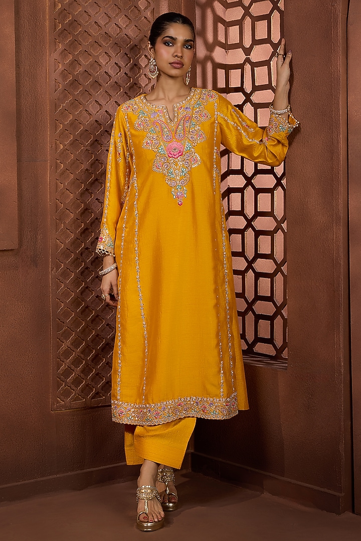 Mustard Silk Floral Embroidered Kurta Set by Aneesh Agarwaal PRET at Pernia's Pop Up Shop