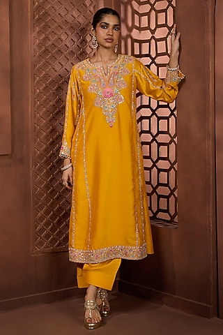 Mustard Silk Floral Embroidered Kurta Set by Aneesh Agarwaal PRET