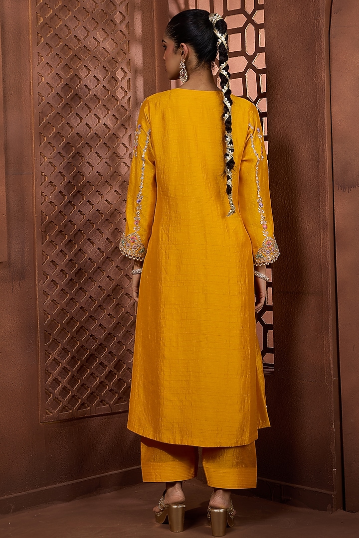 Mustard Silk Floral Embroidered Kurta Set by Aneesh Agarwaal PRET at Pernia's Pop Up Shop