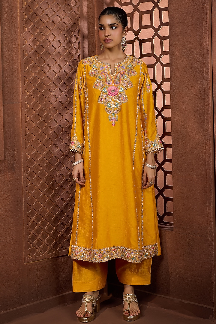Mustard Silk Floral Embroidered Kurta Set by Aneesh Agarwaal PRET at Pernia's Pop Up Shop