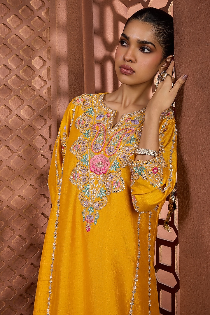 Mustard Silk Floral Embroidered Kurta Set by Aneesh Agarwaal PRET at Pernia's Pop Up Shop