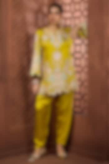 Chartreuse Satin Sequins Embroidered Kurta Set by Aneesh Agarwaal PRET at Pernia's Pop Up Shop