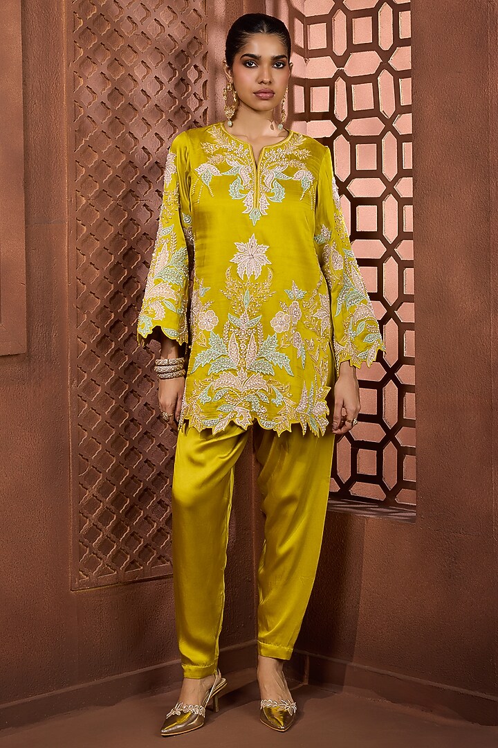 Chartreuse Satin Sequins Embroidered Kurta Set by Aneesh Agarwaal PRET at Pernia's Pop Up Shop