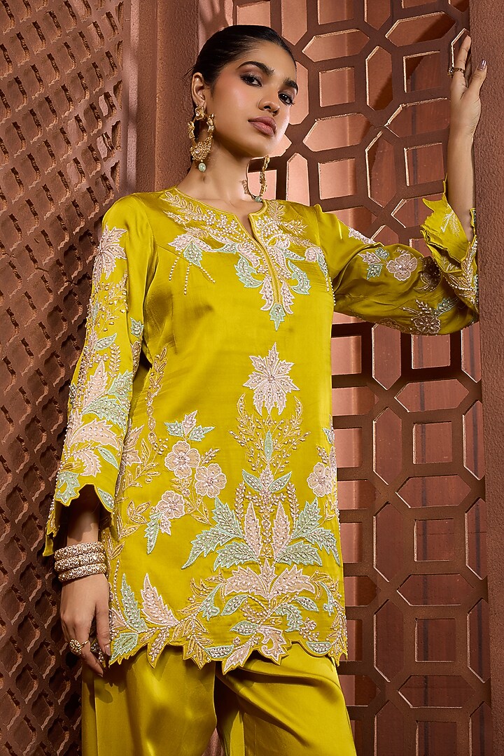 Chartreuse Satin Sequins Embroidered Kurta Set by Aneesh Agarwaal PRET at Pernia's Pop Up Shop