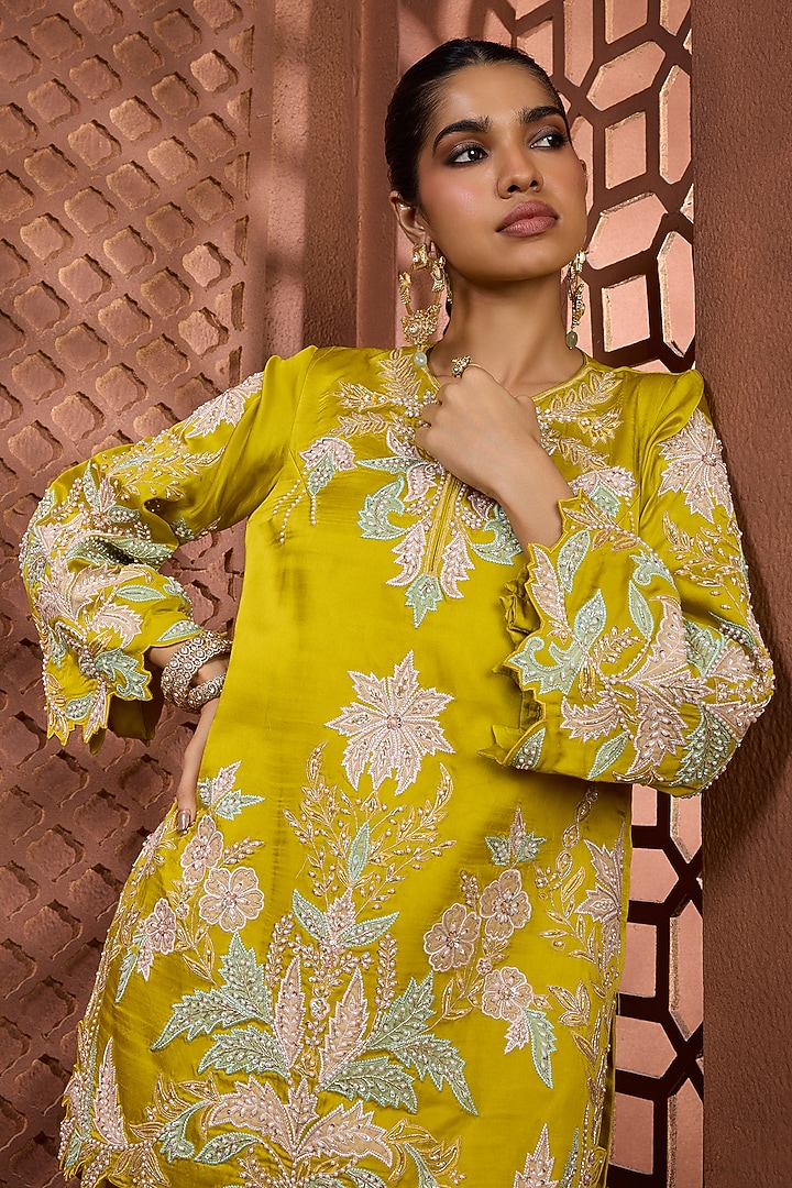 Chartreuse Satin Sequins Embroidered Kurta Set by Aneesh Agarwaal PRET at Pernia's Pop Up Shop