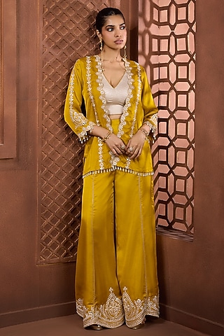 Mustard Yellow Silk Embroidered Jacket Set by Aneesh Agarwaal PRET