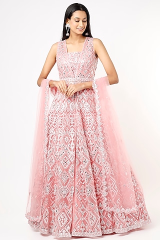 Light Pink Organza Embroidered Jacket Lehenga Set by Aneesh Agarwaal