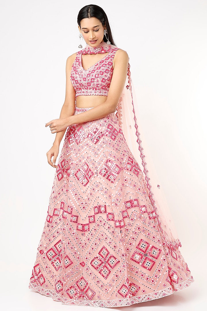 Pink Mirror Embroidered Bridal Lehenga Set by Aneesh Agarwaal at Pernia's Pop Up Shop
