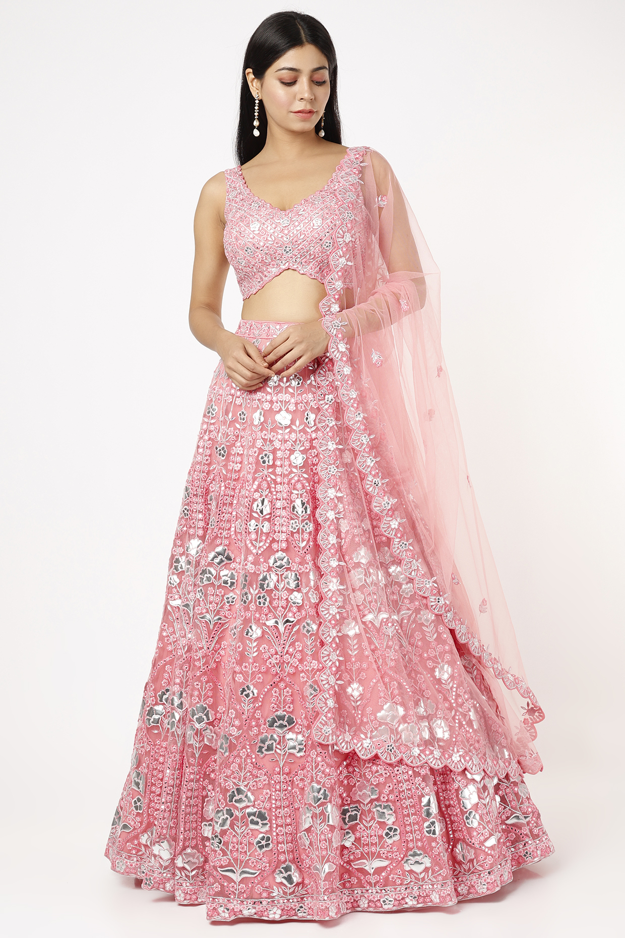 Soft Pink Applique Embroidered Bridal Lehenga Set by Aneesh Agarwaal at Pernia's Pop Up Shop