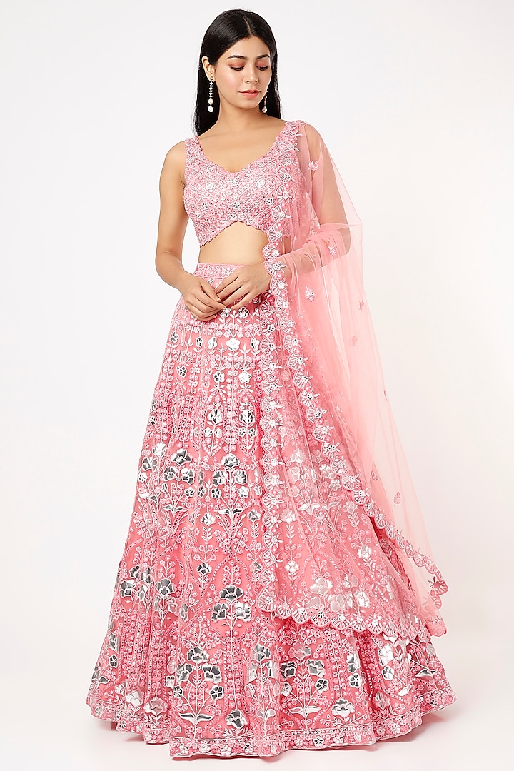 Soft Pink Applique Embroidered Bridal Lehenga Set by Aneesh Agarwaal at Pernia's Pop Up Shop