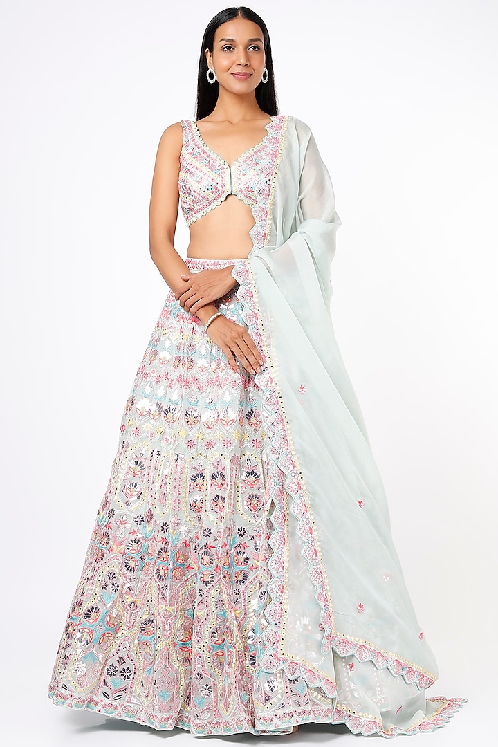 Powder Blue Mirror-Embroidered Wedding Lehenga Set by Aneesh Agarwaal at Pernia's Pop Up Shop