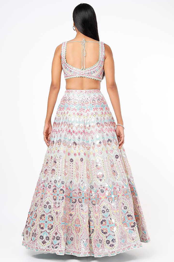 Powder Blue Mirror-Embroidered Wedding Lehenga Set by Aneesh Agarwaal at Pernia's Pop Up Shop