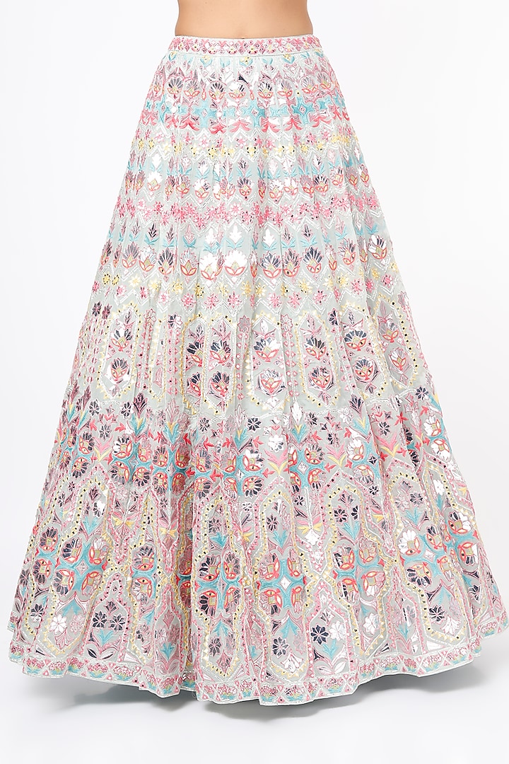 Powder Blue Mirror-Embroidered Wedding Lehenga Set by Aneesh Agarwaal at Pernia's Pop Up Shop
