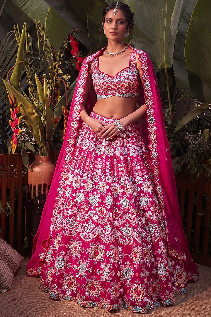 Magenta Pink Embroidered Bridal Lehenga Set by Aneesh Agarwaal at Pernia's Pop Up Shop