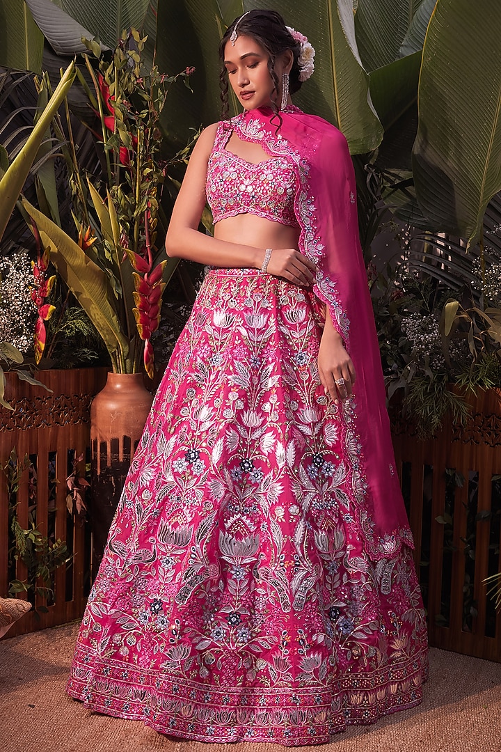 Pink Foil Embroidered Bridal Lehenga Set by Aneesh Agarwaal at Pernia's Pop Up Shop