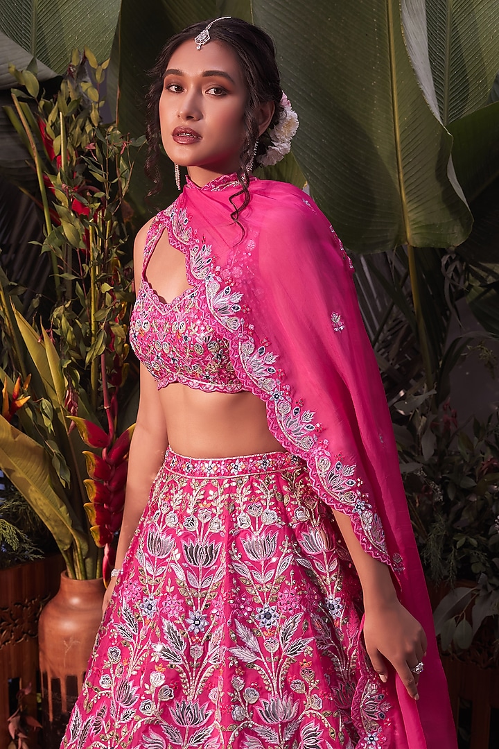 Pink Foil Embroidered Bridal Lehenga Set by Aneesh Agarwaal at Pernia's Pop Up Shop