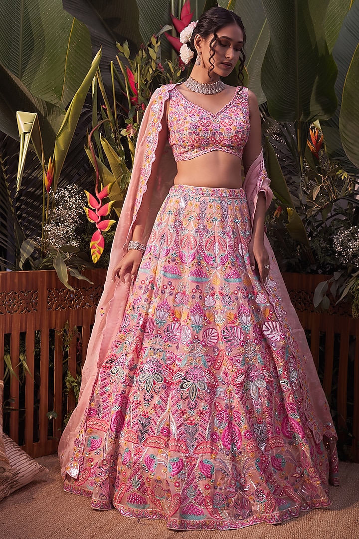 Peach Mirror Embroidered Bridal Lehenga Set by Aneesh Agarwaal at Pernia's Pop Up Shop