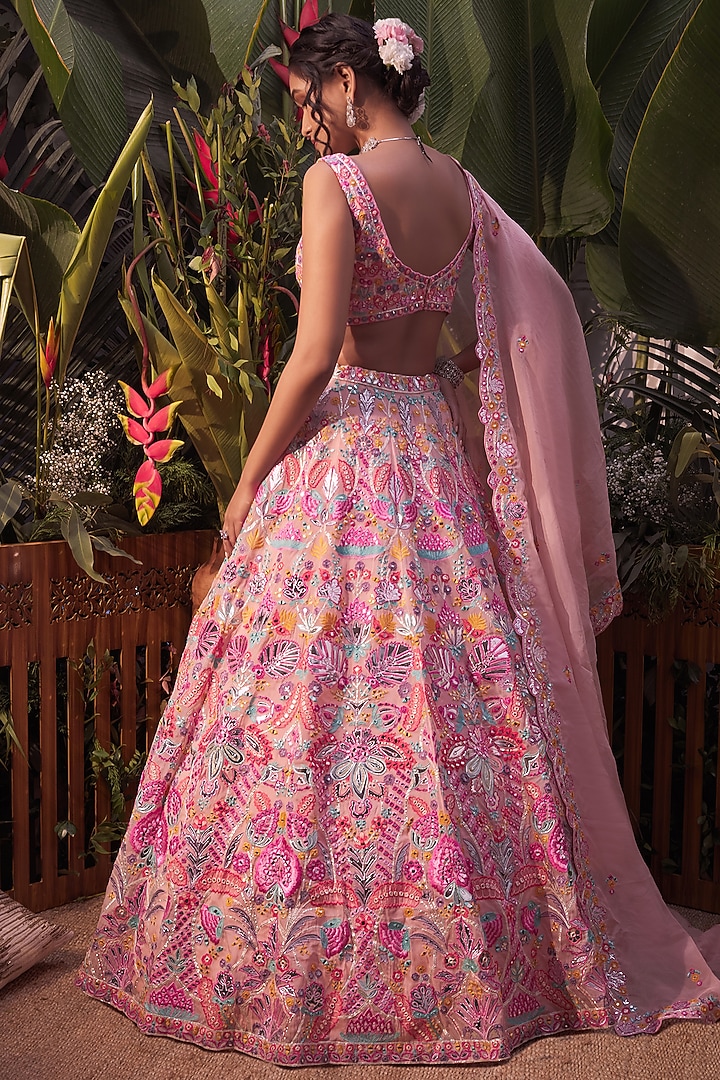 Peach Mirror Embroidered Bridal Lehenga Set by Aneesh Agarwaal at Pernia's Pop Up Shop