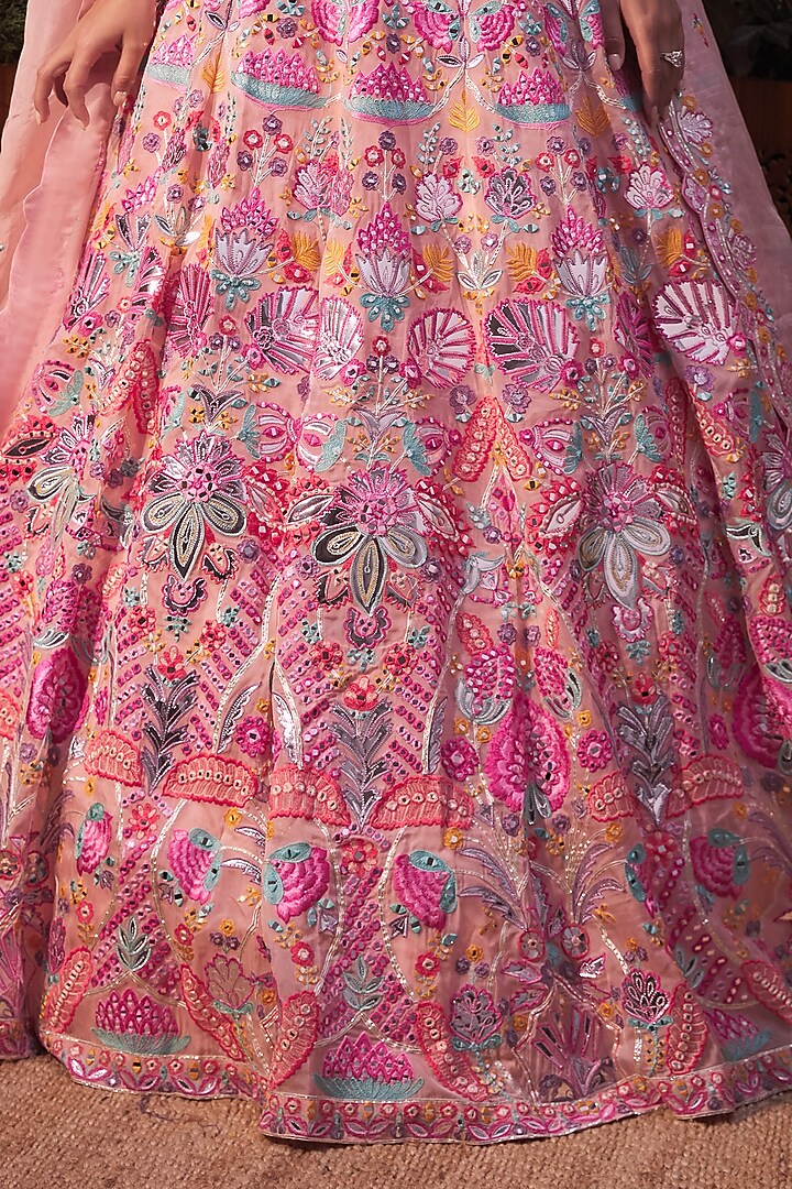Peach Mirror Embroidered Bridal Lehenga Set by Aneesh Agarwaal at Pernia's Pop Up Shop