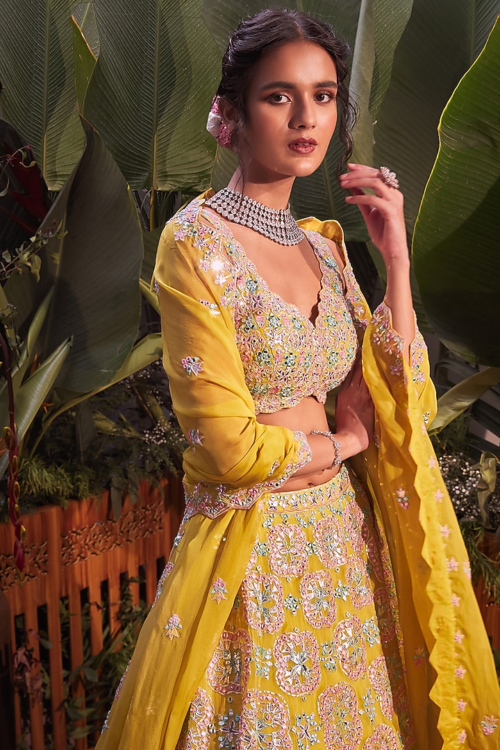 Lime Yellow Gota Embroidered Bridal Lehenga Set by Aneesh Agarwaal at Pernia's Pop Up Shop