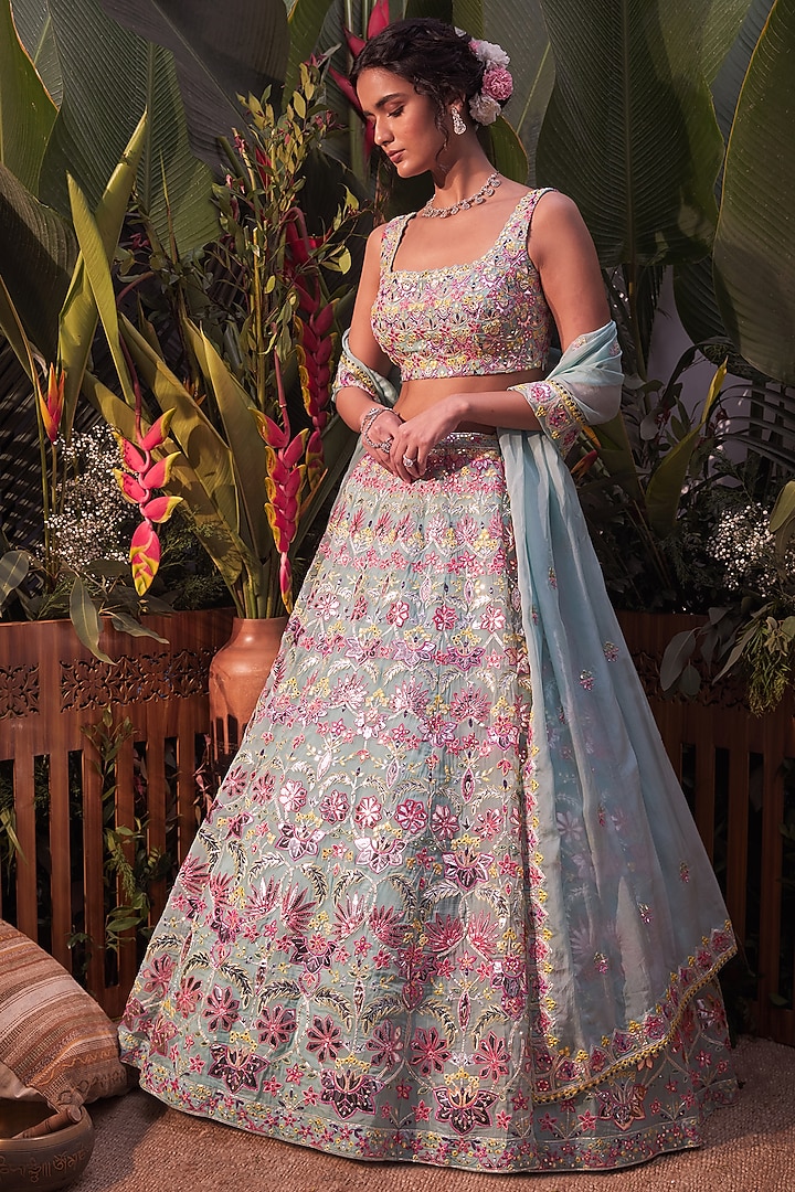 Turquoise Foil Embroidered Bridal Lehenga Set by Aneesh Agarwaal at Pernia's Pop Up Shop