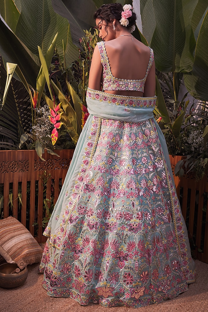 Turquoise Foil Embroidered Bridal Lehenga Set by Aneesh Agarwaal at Pernia's Pop Up Shop