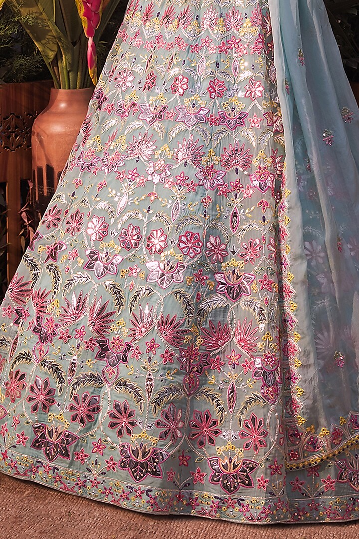 Turquoise Foil Embroidered Bridal Lehenga Set by Aneesh Agarwaal at Pernia's Pop Up Shop