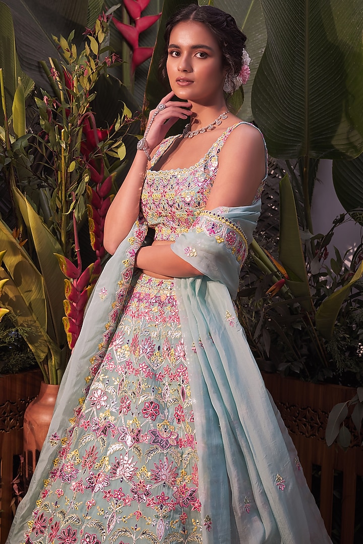 Turquoise Foil Embroidered Bridal Lehenga Set by Aneesh Agarwaal at Pernia's Pop Up Shop