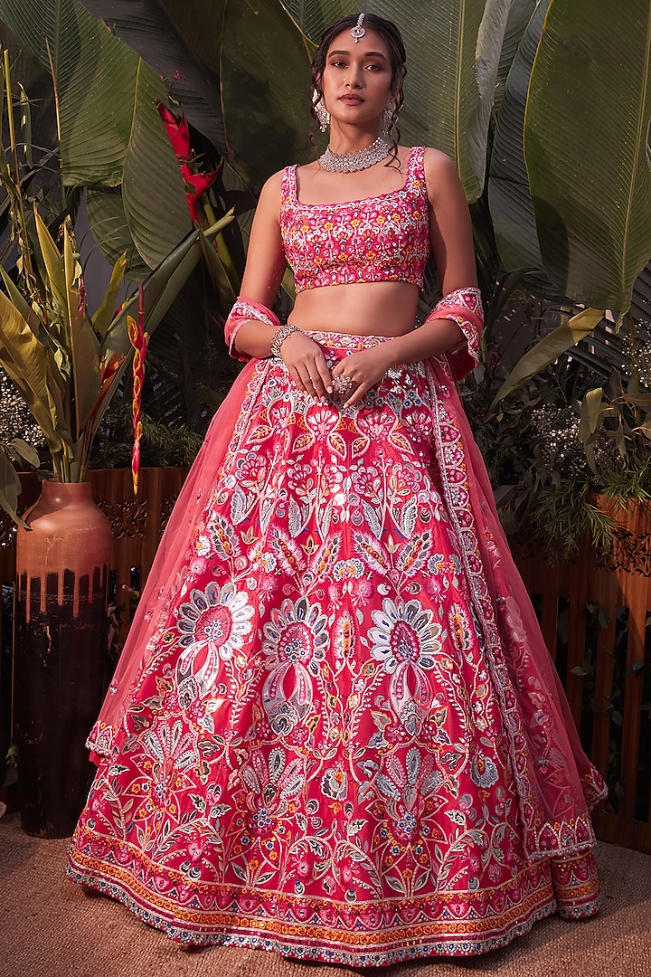 Coral Orange Foil Embroidered Bridal Lehenga Set by Aneesh Agarwaal at Pernia's Pop Up Shop
