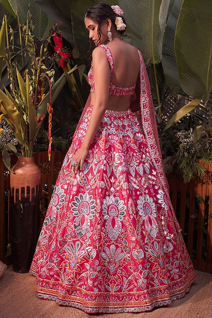 Coral Orange Foil Embroidered Bridal Lehenga Set by Aneesh Agarwaal at Pernia's Pop Up Shop