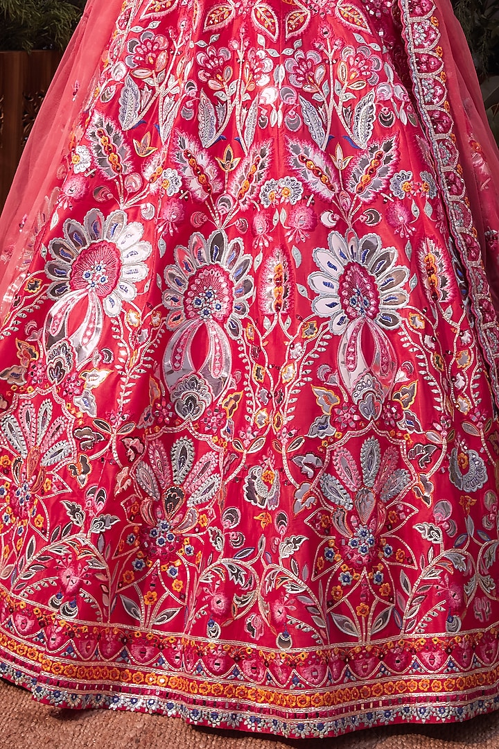 Coral Orange Foil Embroidered Bridal Lehenga Set by Aneesh Agarwaal at Pernia's Pop Up Shop