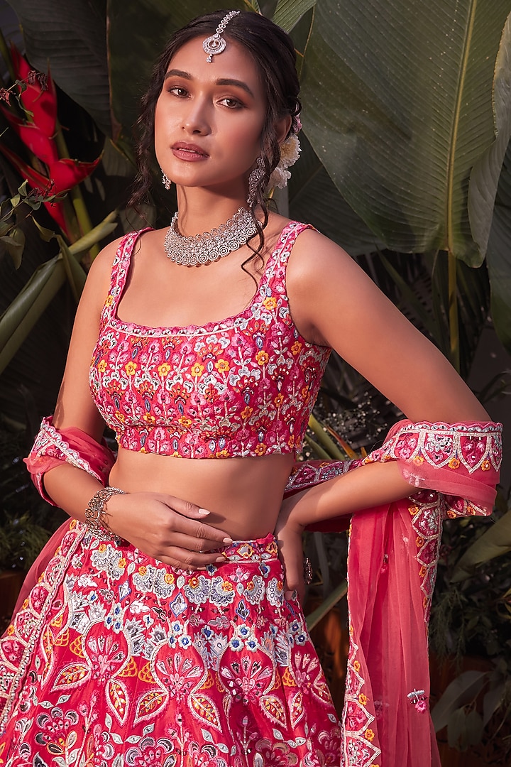 Coral Orange Foil Embroidered Bridal Lehenga Set by Aneesh Agarwaal at Pernia's Pop Up Shop