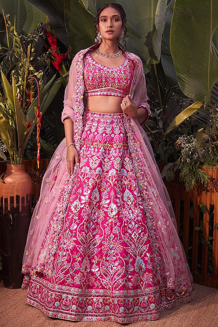 Fuchsia Pink Embroidered Lehenga Set Design by Aneesh Agarwaal at ...