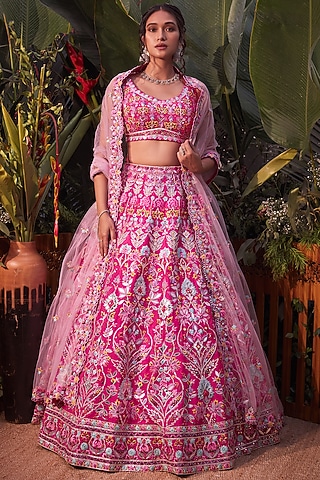 Fuchsia Pink Embroidered Lehenga Set by Aneesh Agarwaal
