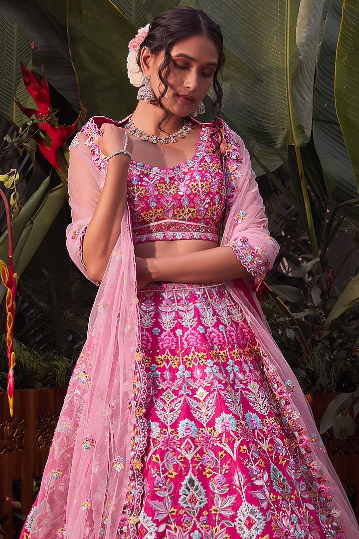 Fuchsia Pink Embroidered Bridal Lehenga Set by Aneesh Agarwaal at Pernia's Pop Up Shop