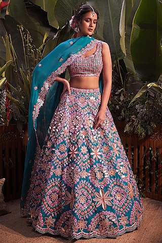 Teal Blue Embroidered Lehenga Set by Aneesh Agarwaal