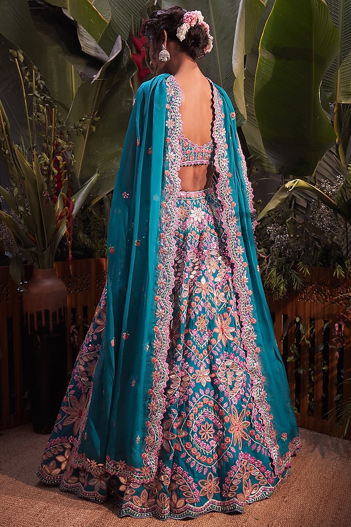 Teal Blue Embroidered Bridal Lehenga Set by Aneesh Agarwaal at Pernia's Pop Up Shop