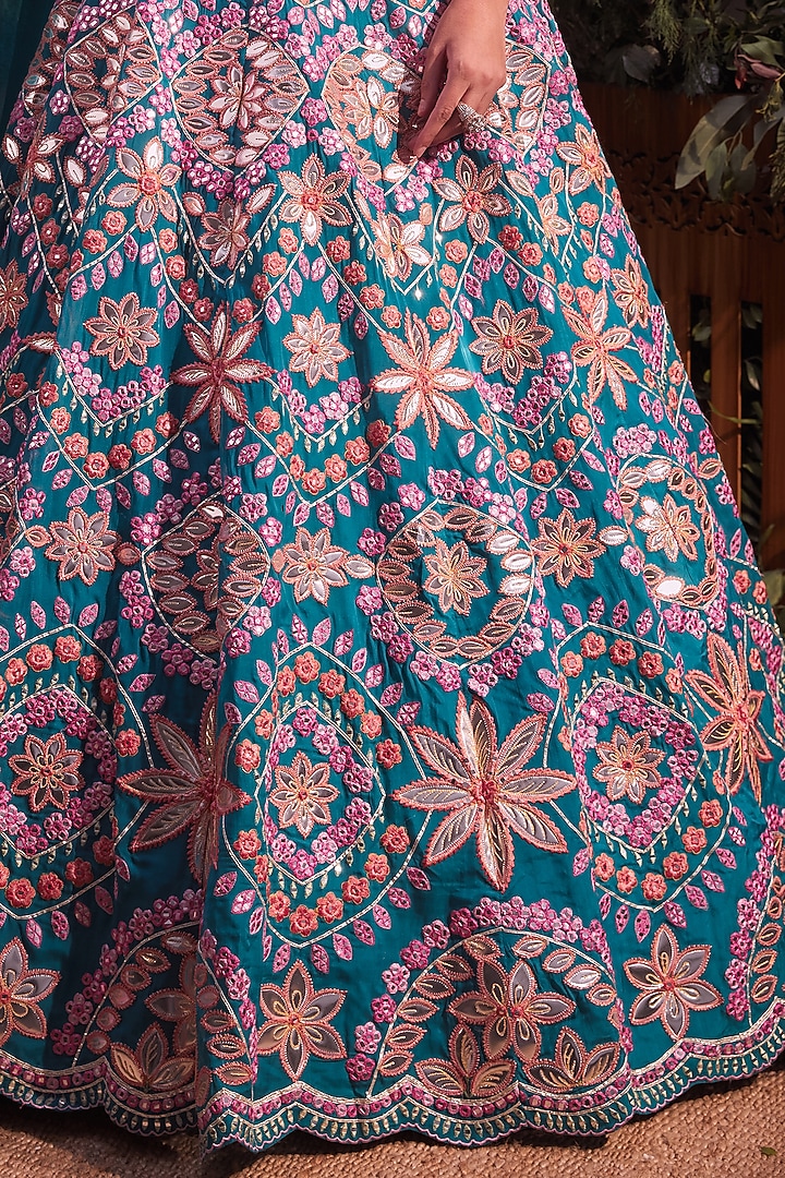 Teal Blue Embroidered Bridal Lehenga Set by Aneesh Agarwaal at Pernia's Pop Up Shop