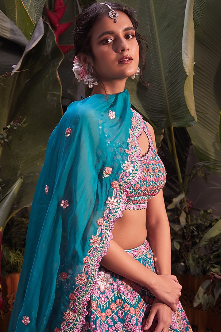 Teal Blue Embroidered Bridal Lehenga Set by Aneesh Agarwaal at Pernia's Pop Up Shop