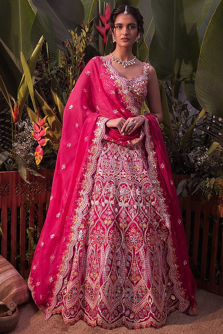 Rani Pink Embroidered Lehenga Set Design by Aneesh Agarwaal at