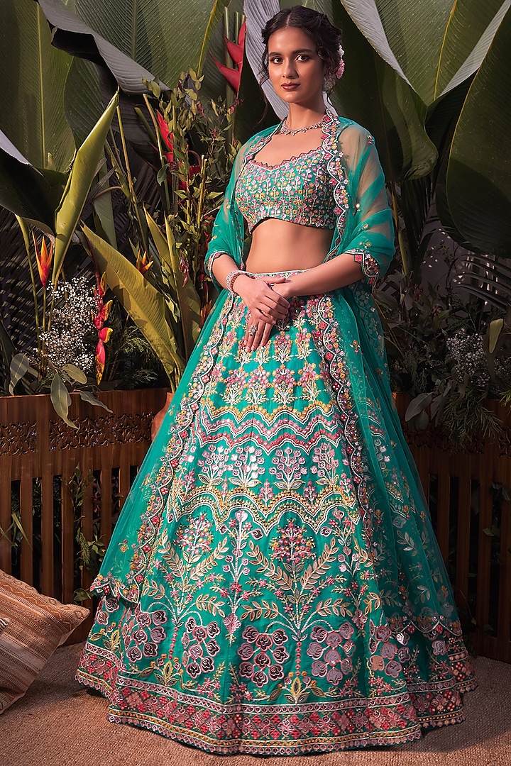 Emerald Green Embroidered Bridal Lehenga Set by Aneesh Agarwaal at Pernia's Pop Up Shop
