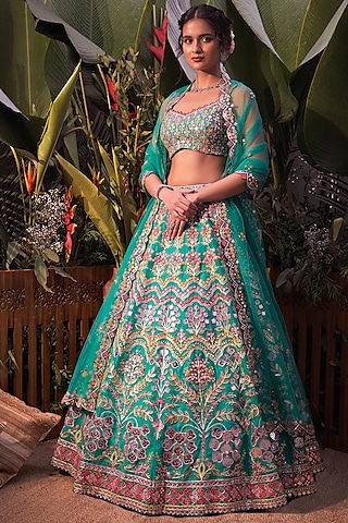 Emerald Green Embroidered Lehenga Set by Aneesh Agarwaal