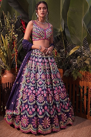 Purple Magenta Embroidered Lehenga Set by Aneesh Agarwaal