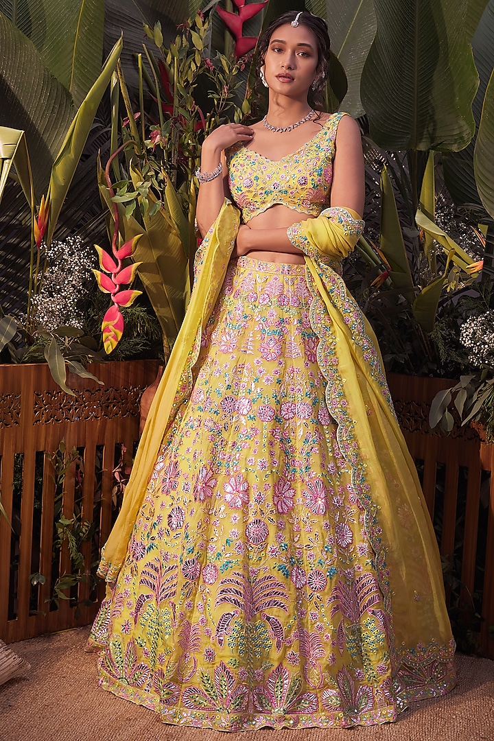 Lime Foil Embroidered Bridal Lehenga Set by Aneesh Agarwaal at Pernia's Pop Up Shop