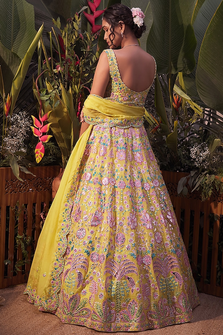 Lime Foil Embroidered Bridal Lehenga Set by Aneesh Agarwaal at Pernia's Pop Up Shop