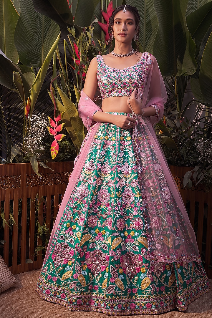 Emerald Green Foil Embroidered Bridal Lehenga Set by Aneesh Agarwaal at Pernia's Pop Up Shop
